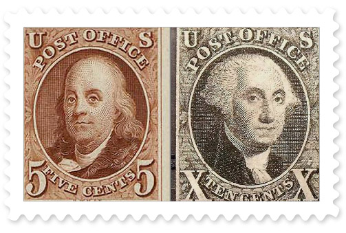 The first two US postage stamps displayed side by side; one featuring a maroon-colored portrait of Benjamin Franklin, the other featuring a sepia-colored portrait of George Washington.