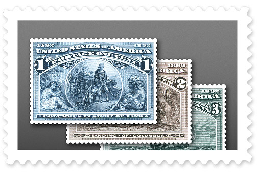 A trio of partially overlapping stamps from 1892 depicting various scenes from the arrival of Christopher Columbus.