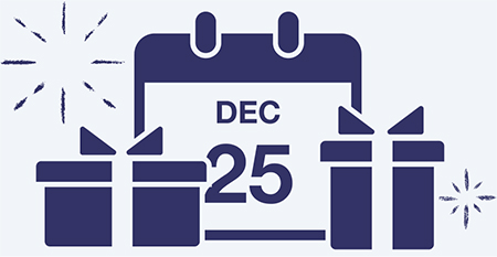 A calendar showing the date of Dec 25 with holiday gifts around it.