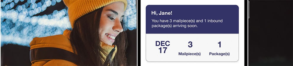 A woman viewing previews of her incoming letter-sized mail in an Informed Delivery Daily Digest email on her phone.