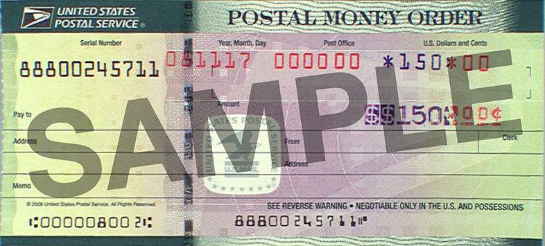 Green postal money order with circled designs showing how to spot a fake