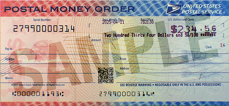 Sample red and blue postal money order