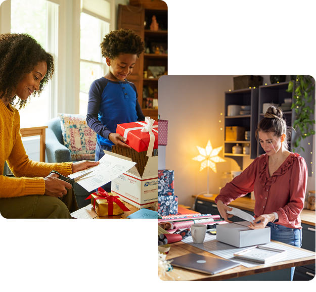 People preparing and sending holiday gifts from home using Click-N-Ship.