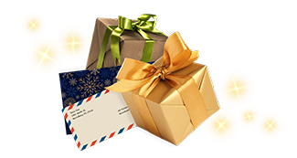 A holiday card, letter, and gifts with bows.